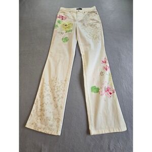 Cambio Jeans Womens 10 Cream Floral Damask Print Wide Leg Mid Rise Polish Denim